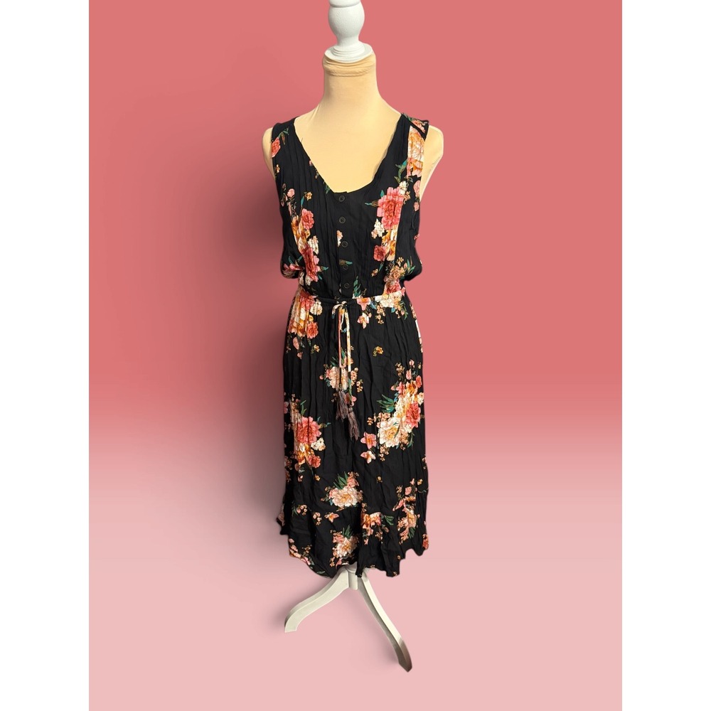 Knox Rose Black Floral Crinkle Gauze Maxi Dress Boho Tassel XS